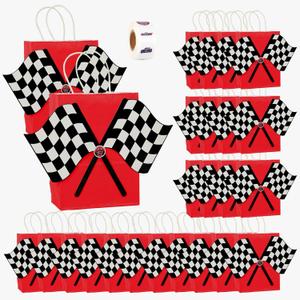 2 x Kuabiz 25 Set Race Car Gift Bags Race Car Party Favors Bag with Handles Checkered Racing Flag Stickers Racing Treat Goodie Candy Bags for Birthday Party Supplies
