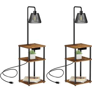 Floor Lamp with Table, Side Table with USB Charging Port and Outlet, Modern Bedside Nightstand End Table with Floor Light for Living Room, Bedroom, Guest Room, Bulb Included, 2 Pack