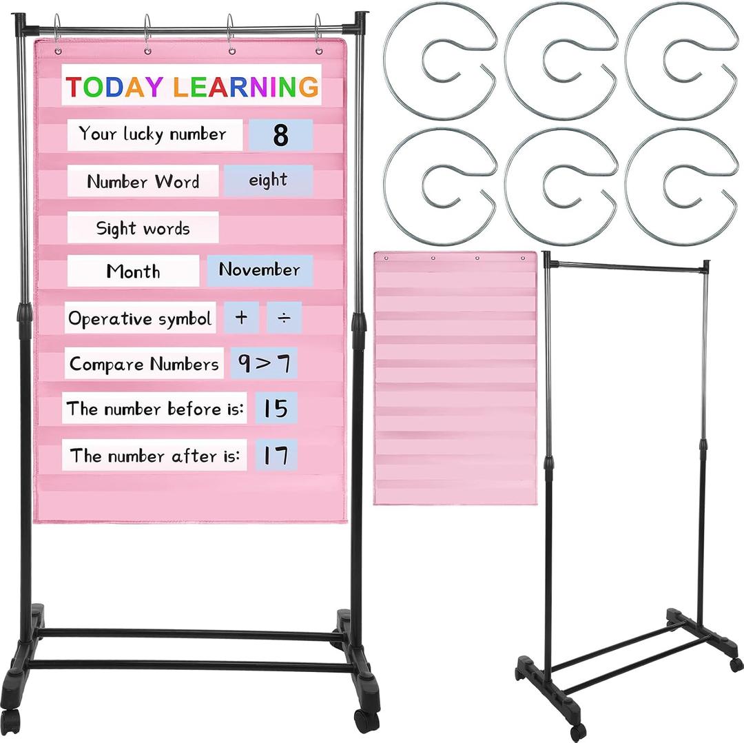 8 Pcs Adjustable Pocket Chart Stand Set Include 1 Standard Pocket Chart 6 Replacement Rings and 1 Adjustable Stand for Classrooms Home Teacher Lessons Educational Tools (Pink)