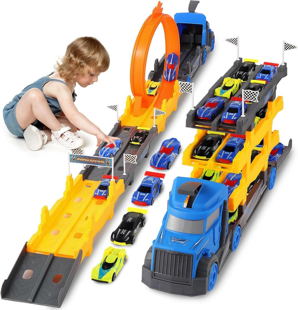 Truck & Cars Toy Set for 3 4 5 6 7 8 Years Old Boy Kids Birthday Gift, 57 Inch Spliceable Deformating Carrier Truck Playset with 360 Degree Rotating Race Track and 4 Race Cars (X-Large)