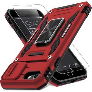 DEERLAMN Case for iPhone SE 2022/2020,for iPhone 8/7 with Slide Camera Cover+Screen Protector,Rotated Ring Kickstand Military Grade Shockproof Protective Cover 4.7 Inch-Red