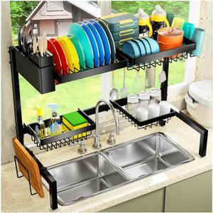 YKLSLH 4 Baskets Over The Sink Dish Drying Rack, Extendable Large Capacity Sink Rack, Metal Drying Rack Saving Space,for Most Sinks (24.8 "-35.4") (Black)