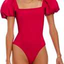 Saodimallsu Womens One Piece Swimsuit Short Puff Sleeve Square Neck Sexy Backless Tummy Control Bathing Suit (Red, XL)