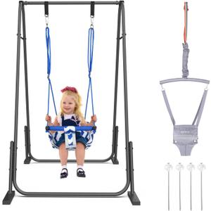 Slevoo 2 in 1 Baby Jumper and Swing, Toddler Swing Set with Foldable Stand, Ages 6 Months to 6 Years, for Indoor and Outdoor Fun, Grey