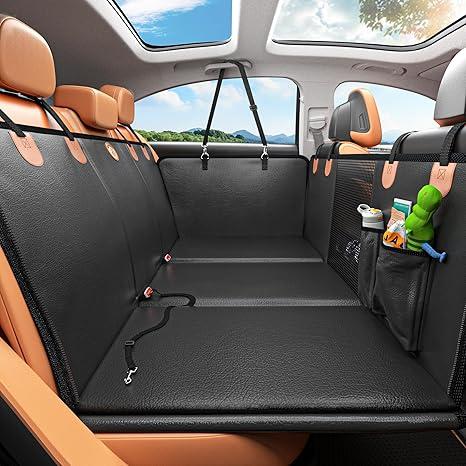 Back Seat Extender for Dogs, Hard Bottom Dog Car Seat Cover for Truck Back Seat, Dog Hammock for Car, Upgraded PU Leather Material, Larger Space, Holds 400lbs, 55x27.5