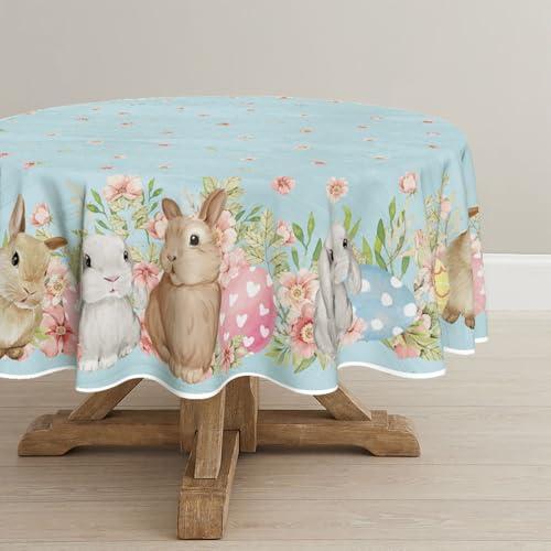 Horaldaily Easter Tablecloth 90×90 Inch Round, Spring Bunnies Blue Wood Grain Washable Seasonal Table Cover for Party Picnic Dinner Decor