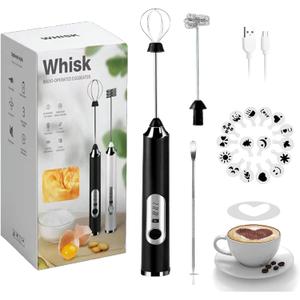 Rechargeable Milk Frother, 3-Speed Electric Handheld Frother with 2 Whisks and Coffee Decoration Tool, Stand-up Design, for Cream, Latte, Cappuccino (Black)