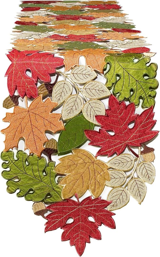 Fall Table Runner 120inches Long, Thanksgiving Harvest Cutwork Embroidered Table Runner 13in x 120in, Autumn Maple Leaves Table Decoration for Home Dining Kitchen Table