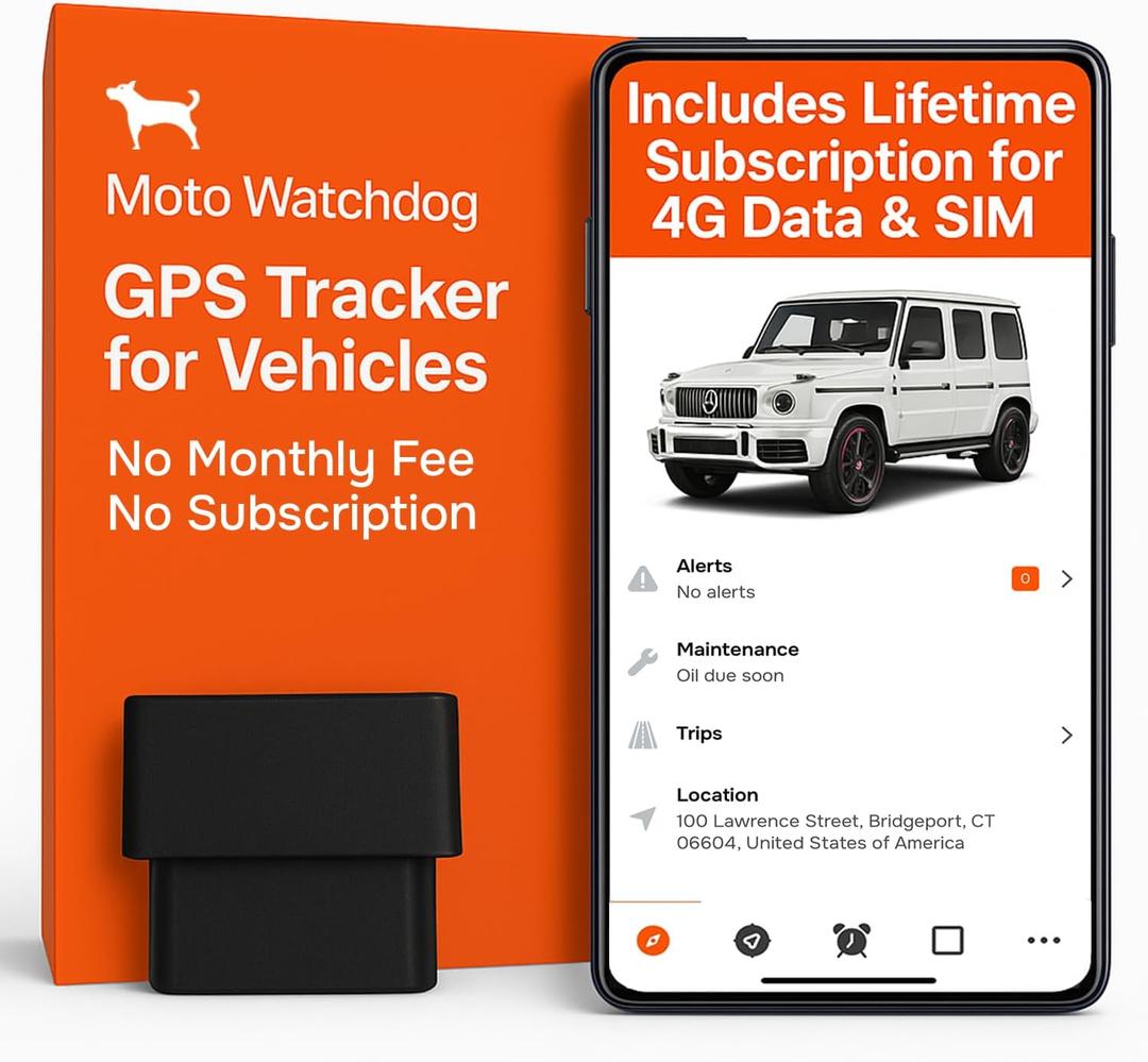 GPS Tracker for Vehicles, No Monthly Fee, No Subscription, 4G SIM and Data Included, Business Fleets, Speeding Alerts, Trip History, Mileage Tracking, Geofence, OBD, USA Developed, Moto Watchdog