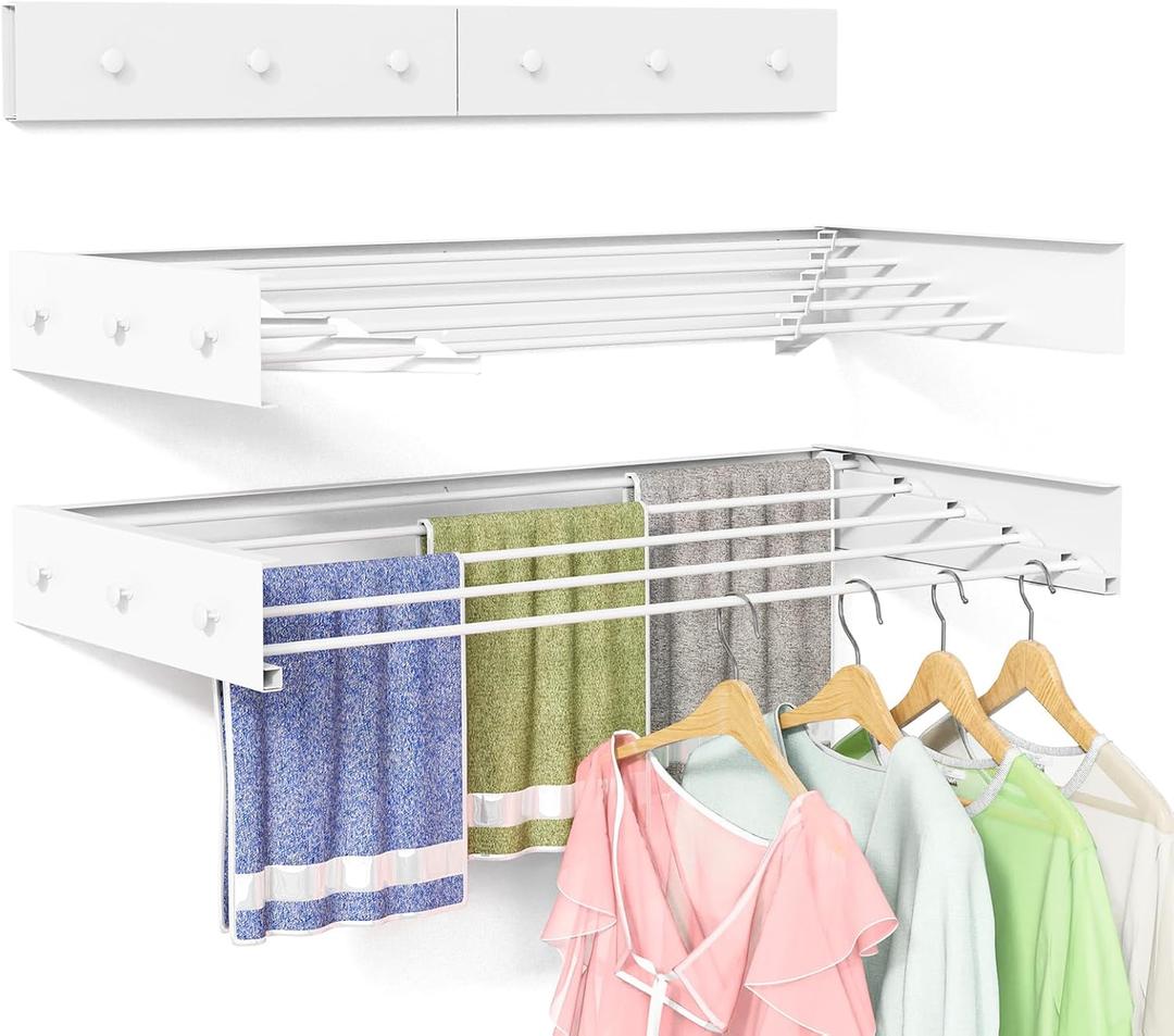 Clothes Drying Rack Wall Mounted for Laundry, Drying Rack Clothing Wall Mounted, 5 Aluminum Rods with 6 Hooks, Space-Saving Collapsible Wall Drying Rack for Indoor Outdoor (White, 40'')