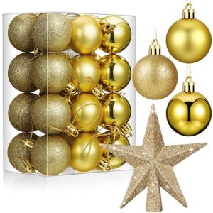 25 Pcs Mini Christmas Balls Ornaments Set 1.57 Inch Christmas Day Ball Topper Star Tree Hanging Ornaments for Party Decoration(Gold)