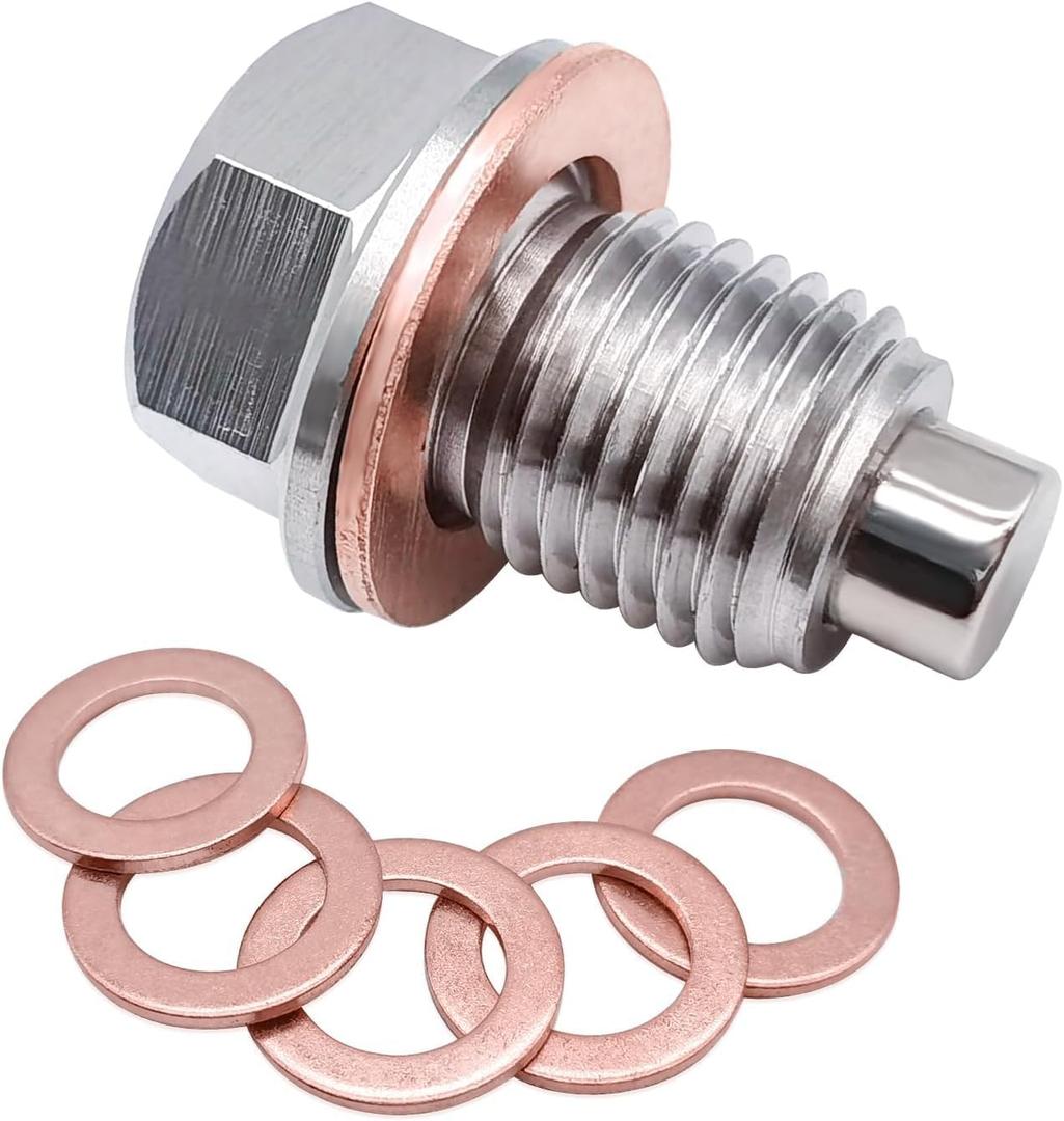 Magnetic Oil Drain Plug M14x1.5, Stainless Steel Oil Drain Plug with 5 PCS Copper Crush Washer Anti Leakage Replacement for Car Motorcycle Boat (Sliver)