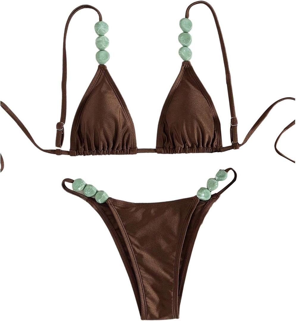 OYOANGLE Women's Triangle Thong Bikini Set 2 Piece String High Cut Swimsuits Bathing Suits, Medium