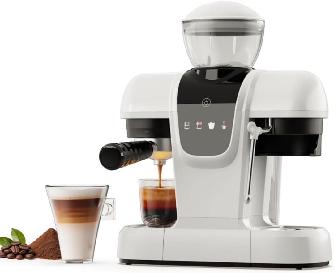 i Cafilas Semi-Automatic Espresso Machine with Grinder & Steam Wand,White