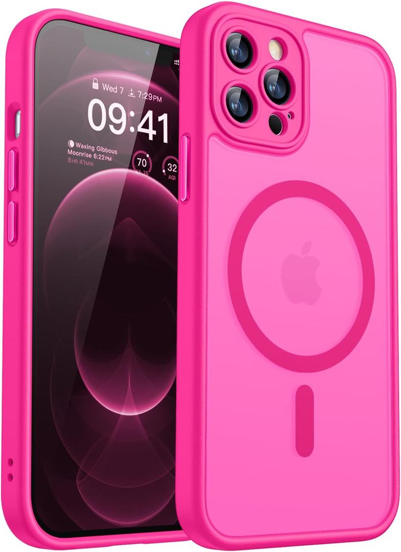 CANSHN Magnetic Compatible with iPhone 12 Pro Max Case, Upgraded [Full Camera Protection] [Compatible with Magsafe] [Translucent Matte] Shockproof Protective Phone Cover 6.7 Inch - Hot Pink