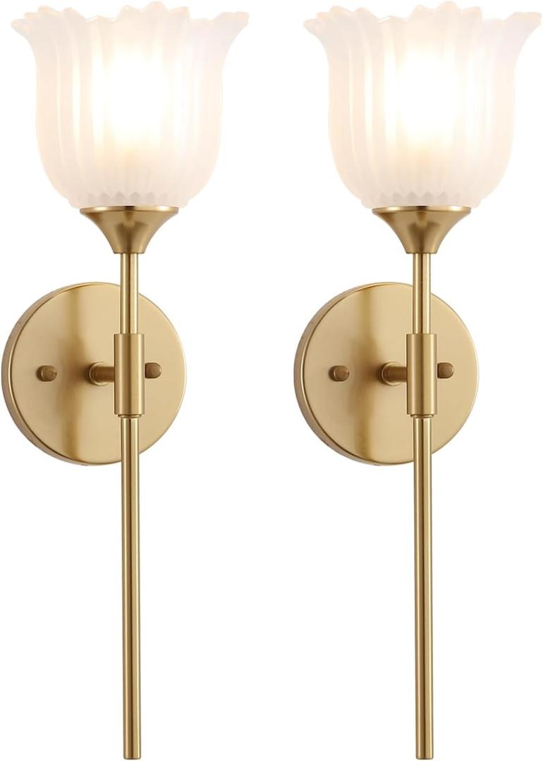 Gold Wall Sconce Set of 2 with Frosted Glass Shades Modern Mid Century Bathroom Vanity Wall Light Fixtures Industrial Brushed Brass Wall Lamp for Bedroom Mirror Living Room Restaurant