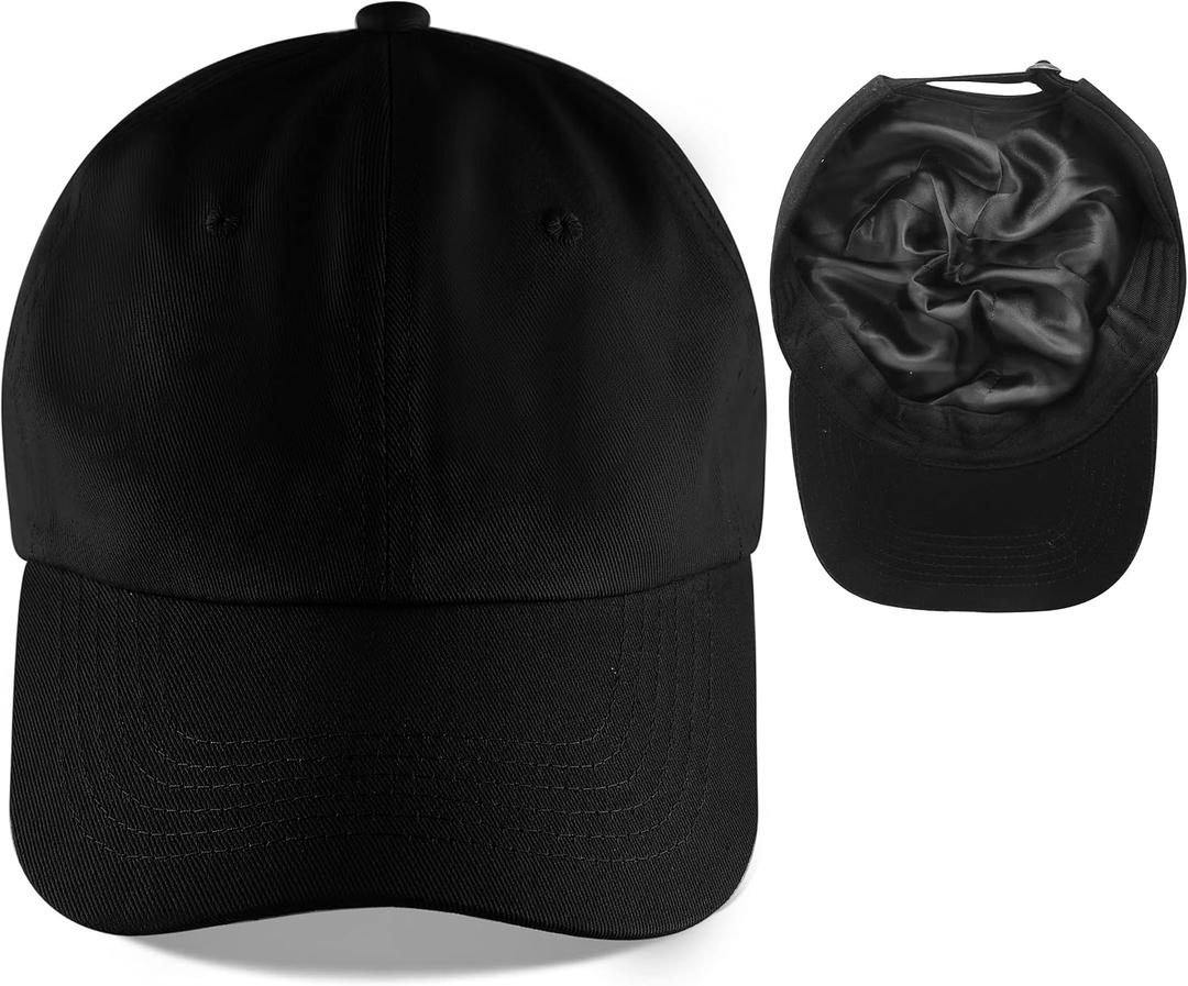 Leotruny Baseball Cap Satin Lined: Silk Lining Help Prevent Frizz Breakage - Sport Adjustable Hat for Women (Black)