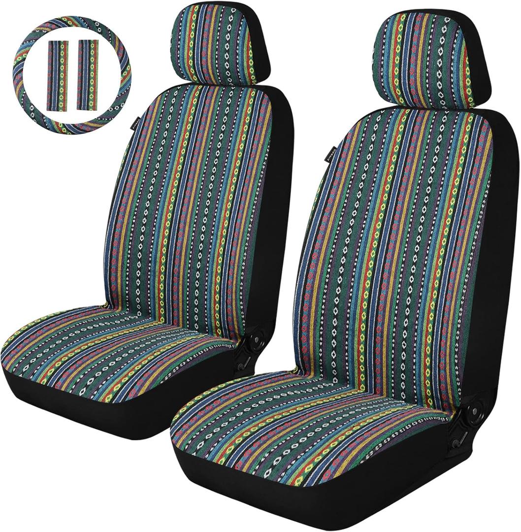 AKAUTO Baja Saddle Blanket Car Seat Covers Front Pair with Seat Belt Pads and Steering Wheel Cover, Universal Colorful Striped Woven Interior Cover for Sedan, SUV, Truck, Airbag Compatible (Multicolor Baja 01A)