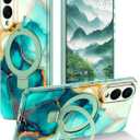 Magnetic for Samsung Galaxy S25 Edge Case with Invisible Ring Stand [Compatible with MagSafe], Full Body Rugged Slim Women Men Girl Shockproof Marble Pattern Design Case, Cyan