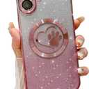 for iPhone 16 Case Glitter Clear Paw Love Heart Compatible with MagSafe, Full Camera Lens Protection Soft Slim Thin Cute Gradient Bling Magnetic Phone Case - Pink