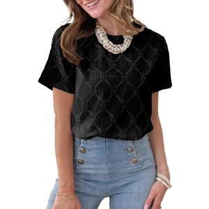 Dokotoo Women's Tops Casual Scoop Neck Short Sleeve Eyelet Embroidered Hollow Out Blouses Shirts (Black, XL)