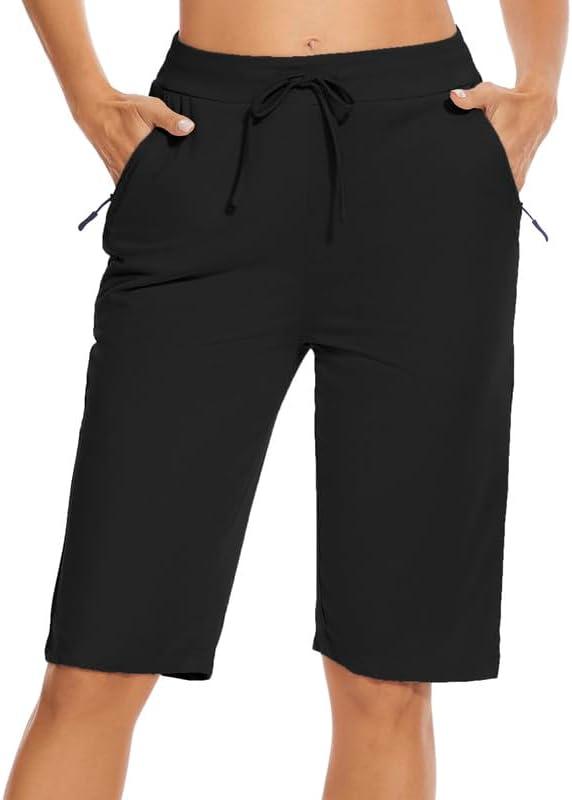 Womens Bermuda Shorts 12" Knee Length Drawstring with 2 Deep Zippered Pockets Comfy Lounge Breathable Shorts (Medium, Black)