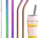 Vinaco Reusable Smoothie Straws, 0.4'' Wide Stainless Steel, 10.5'' & 8.5'' Long, 4 Pack with 1 Cleaner for Milkshake, Smoothie, Bubble Tea (Rainbow)