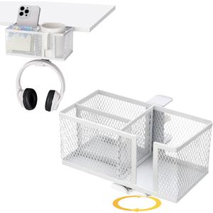 4 in 1 Metal Clip On Cup Holder Attachment for Gaming Desk or Table, Sturdy and Easy to Clamp, Attachable Anti-Spill Cup Holder for Salon Chair, Bedside, Water Bottles, Drinks, Headphones - White