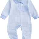 Newborn Baby Boy Winter Clothes Long Sleeve Lapel Jumpsuit Collar Plaid Romper Playsuit Infant Baby Boy Fall Outfit (Blue, 0-3M)