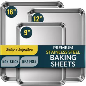 Bakers Signature Stainless Steel Cookie Sheet Pan, Stainless Steel Baking Sheet Set of 3, Mirror Finish, Non-Stick, Rust Resistant, BPA Free, Dishwasher Safe, 9/12/16 Inch