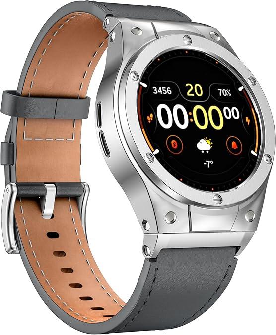 MioHHR Leather Watch Bands with Stainless Steel Case Compatible with Google Pixel Watch 3 2 1,Genuine Leather Replacement Bands for Google Pixel Watch 45mm Women Men - Blue