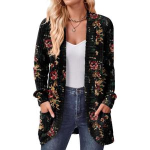 DB MOON Womens Long Cardigan Lightweight Sweater Open Front Long Sleeve Outfits with Pockets S, Brown Floral Black Medium