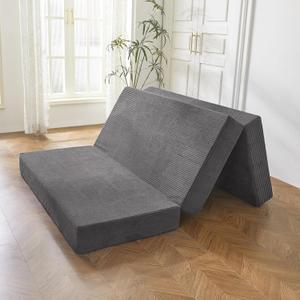 BYBYME Corduroy Tri-Folding Mattress, 6 Inch Gel Folding Mattress Topper, Foldable Soft Guest Bed Camping Pad, Washable Cover (Dark Gray, Twin) (Carbon Grey)