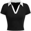 Avanova Women Polo Collared V Neck Tee Shirts Ringer Short Sleeve Crop Tops S