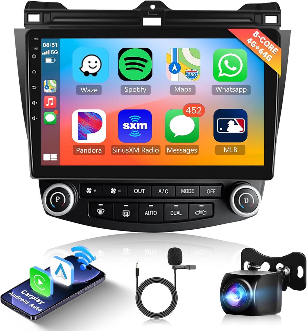 8 Core 4G+64G Android Car Radio Car Stereo for Honda Accord 2003-2007 Wireless CarPlay Android Auto, 10.1 IPS Touch Screen Head Unit with Mirror Link WiFi GPS Bluetooth FM RDS DSP Rear Camera SWC