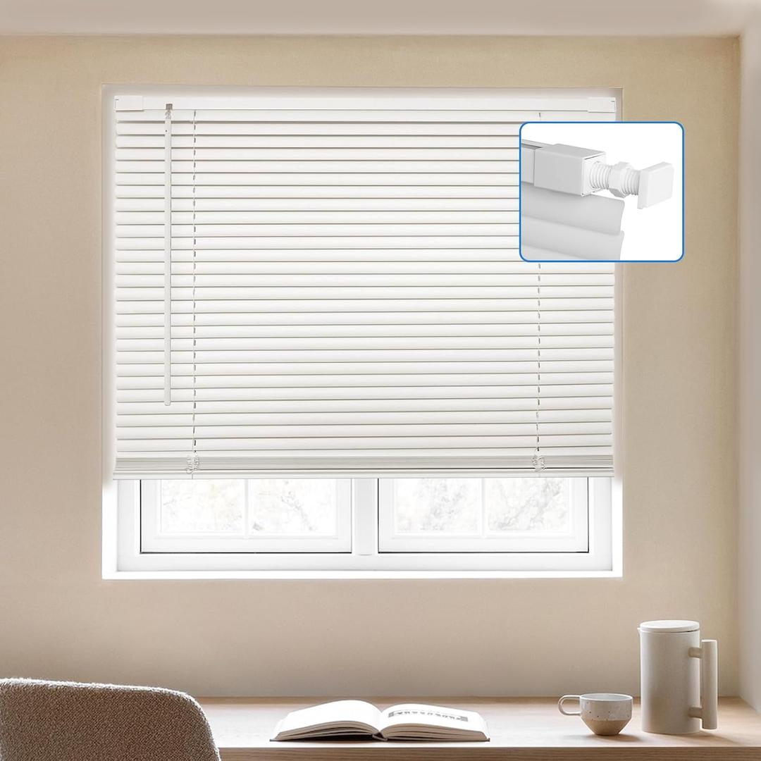 MYshade No-Drill Cordless Horizontal Mini Blinds 29.5" W x 48" H Tool-Free Inside Mount Window Blinds with 1" Vinyl Slats, Light Filtering & Privacy, Child & Pet Safe, White