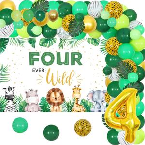 Jungle Theme 4th Birthday Decorations, Four Ever Wild Birthday Decorations Boy, Sage Green Jungle Balloon Arch Kit, Four Ever Wild Backdrop, Number 4 Foil Balloons Artificial Palm Leaves