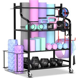 Mythinglogic Yoga Mat Storage Racks,Home Gym Storage Rack for Dumbbells Kettlebells Foam Roller, Yoga Strap and Resistance Bands, Workout Equipment Storage Organizer With Hooks and Wheels (Black)