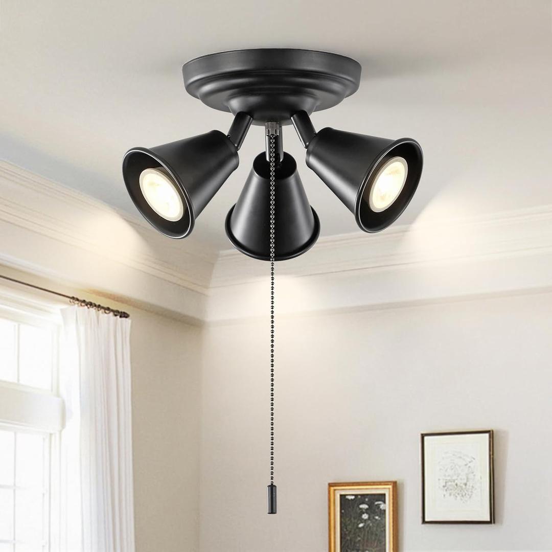 3 Light Track Lighting Fixtures Ceiling with Pull Chain On/Off, Black Kitchen Track Light Adjustable Directional Ceiling Spotlight, Gu10 Pull Chain Light for Kitchen Sink Hallway, No Bulb
