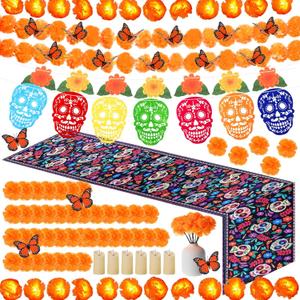 54 Pcs Day of The Dead Decorations Set Altar De Ofrendas Banner Marigold Garland String Light Artificial Flowers Dia De Los Muertos Table Runner Monarch Butterfly Flameless Votive Candles