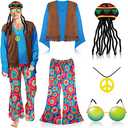 Geyoga 5 Pcs 70s 60s Hippie Costume for Men 70 S Outfit Disco Outfit Pant Shirt Faux Vest Rasta Hat with Dreadlocks L