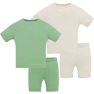 JunNeng Bamboo Viscose Toddler Pajamas,Baby Boy Girl Solid Snug Fit Short Sleeve Summer Sleepwear PJS (12-24 Months, Green+grey)