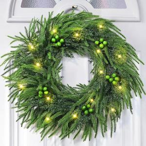 24 Inch Christmas Wreaths for Front Door, Real Touch Norfolk Pine Wreath Large Christmas Wreath with Lights, Winter Wreaths Christmas for Outdoor Indoor Windows Xmas Decor (1 Pack, Green)