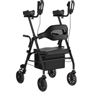 Upright Rollator Walker, Heavy Duty Stand Up Walkers for Seniors with Seat and Reversible Backrest, Foldable Standing Rollator with 8" Anti-Slip PU Wheels, Black