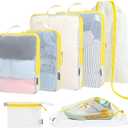 Lightweight Compression Packing Cubes for Suitcases, Compressible Expandable Travel Packing Organizer with Clear Toiletries and Backpack Bag, Travel Essentials for Carry on Luggage 7 Set (Mesh white/Yellow)