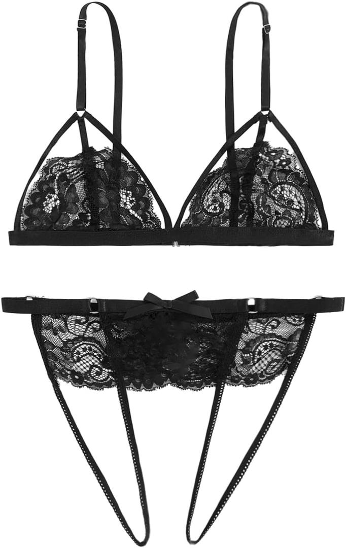 SOLY HUX Women's 2 Piece Lingerie Set Floral Lace Sexy Sheer Mesh Embroidered Garter Babydoll Wireless Bra and Panty Sets (Black, L) SOLY HUX Women's 2 Piece Lingerie Set Floral Lace Sexy Sheer Mesh Embroidered Garter Babydoll Wireless Bra and Panty Sets (Black, L)