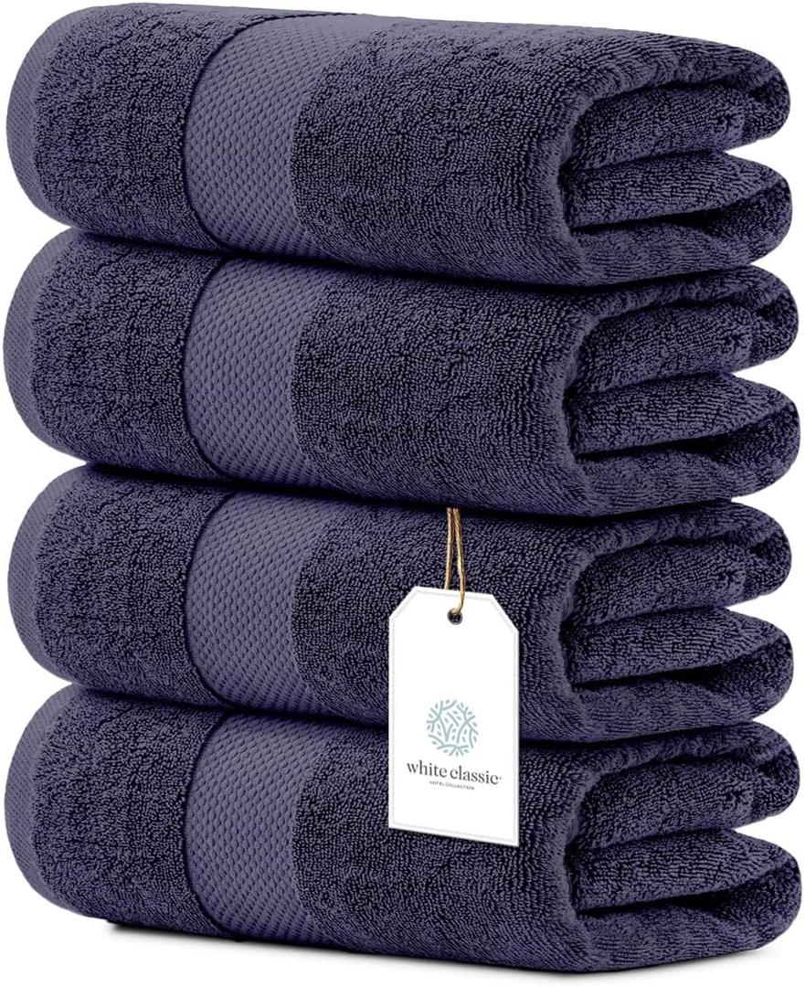 White Classic Luxury Bath Towels Set of 4 Large - 700 GSM Cotton Ultra Soft Bath Towels 27x54 | Highly Absorbent and Quick Dry | Hotel Towels for Bathroom Luxury, Plush Shower Towels, Navy (15: Navy Blue)