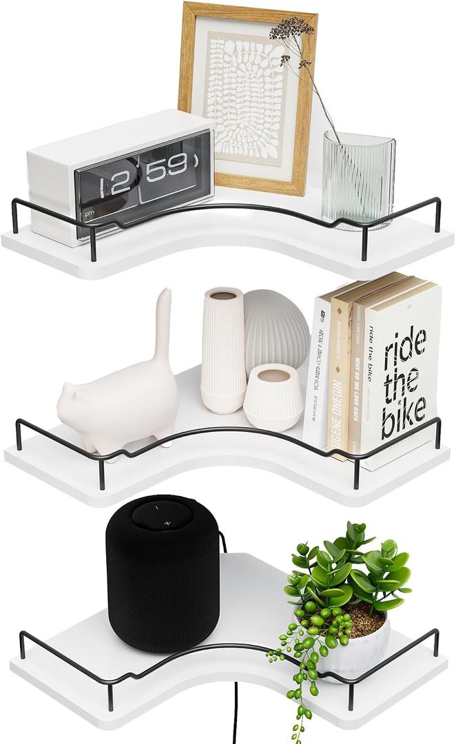 L-Shaped Corner Floating Shelves Set of 3,Rustic Wood Wall Mounted Storage Shelves,Display Shelf for Bathroom, Kitchen,Bedroom, Living Room, Office (White)