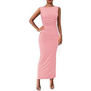 PRETTYGARDEN Women's 2025 Summer Semi Formal Midi Dresses Sleeveless Ruched Bodycon Long Elegant Cocktail Wedding Guest Dress, Size: XL