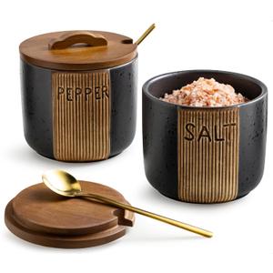 Salt and Pepper Bowl, Ceramic Salt Containers for Countertop, Salt and Pepper Cellar with Lid and Spoons, Black (Set of 2)